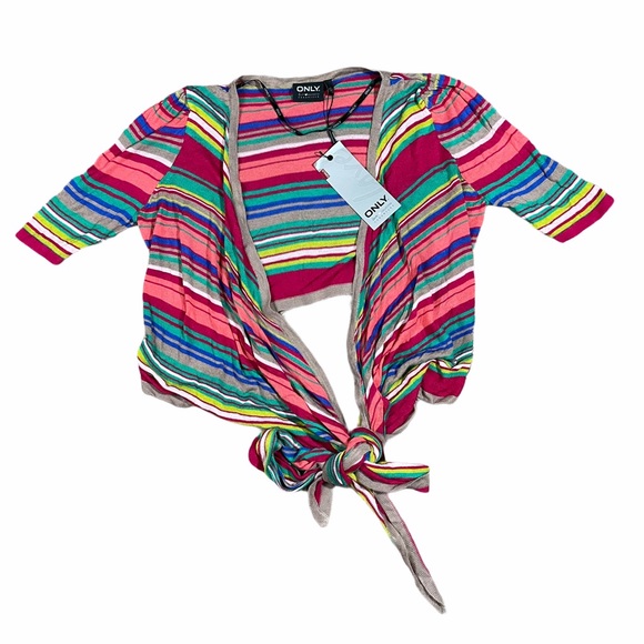 Only Sweaters - Multicolor Striped Wrap Tie Rainbow Cardigan